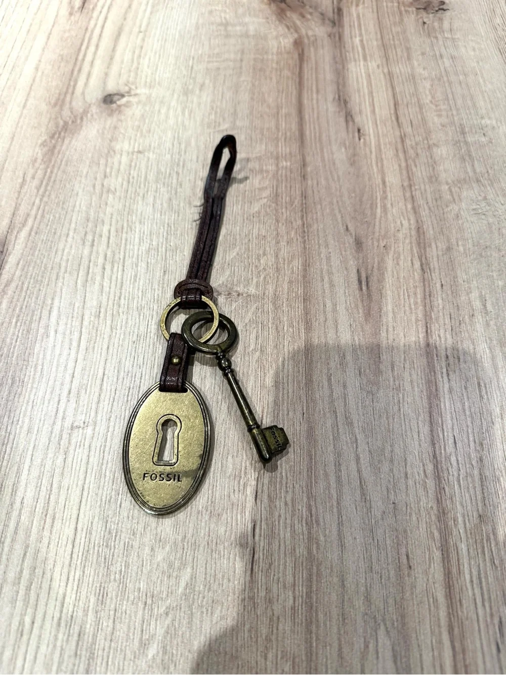 Fossil Brown Leather Key Fob with Brass Key & Lock Tag